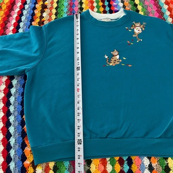 Vintage Y2K Cat Embroidered Patchwork Morning Sun Teal Double Collar Ove… - Picture 6 of 11
